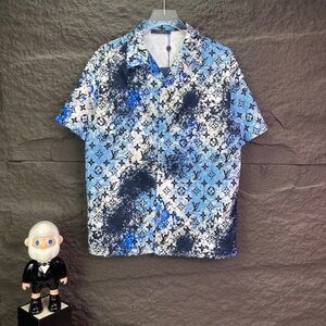 Louis Vuitton Blue and Black Short-Sleeve Logo Print Button-Down Shirt